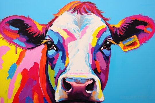  a painting of a cow's face painted in multi - colored paints on a blue background with a black nose.