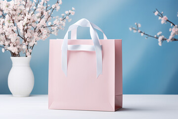 Pink shopping bag with flower on blue background, eleglance springtime or summer sale and Valentine surprise offer promotion concept.