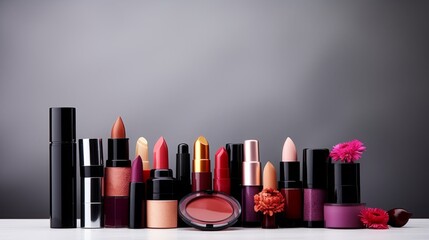 Variety of make-up products on white background - obrazy, fototapety, plakaty
