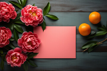 Mockup blank paper greeting card with peony flower and mandarin orange symbol of prosperity on wood backdrop, Chinese new year background.