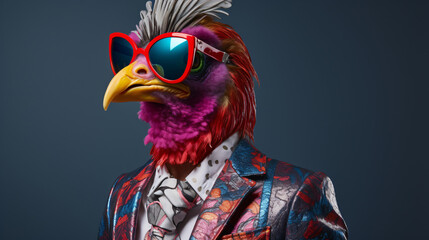 A studio portrait of a funky rooster wearing Glasses