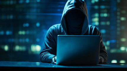 A hacker or scammer using laptop computer on night cityscape background, phising, online scam and cybercrime concept. - obrazy, fototapety, plakaty