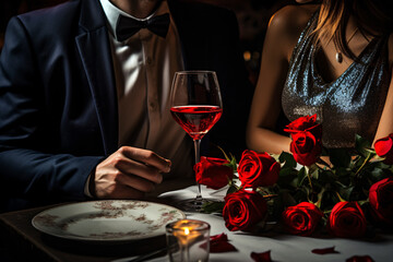 A well dressed couple having romantic dinner date at luxury restaurant, red roses and wine on the table with unrecognizable person, celebrating Valentine s day concept.