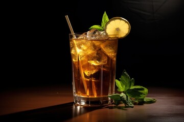  a glass of ice tea with a lemon and mint garnish on a wooden table with a black background.