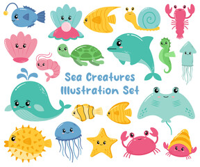 Cute Set of Sea Creatures Illustration 