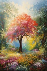 Fototapeta premium Painting of a colorful tree in the center, inside a garden full of flowers and grass