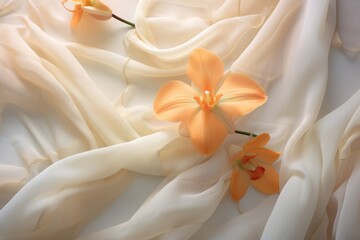  a close up of a white cloth with orange flowers in the center of the fabric, and a single flower in the middle of the fabric.