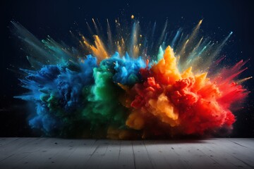  a multicolored explosion of colored powder on a wooden floor in a dark room with a wooden floor in the foreground.