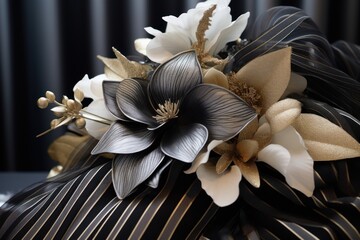  a close up of a black and white flower on a black and white striped dress with gold and silver accents.