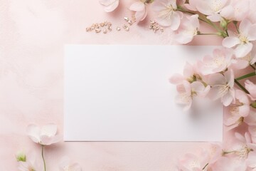  a white card surrounded by pink flowers on a light pink background with space for a message or a greeting card.