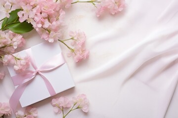  a white gift box with a pink ribbon and a pink bow on a white sheet with pink flowers on it.