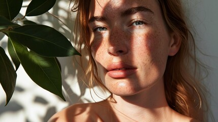 Fototapeta premium Portrait of a serene Caucasian woman with freckled skin bathed in natural sunlight, embodying pure beauty. Close-up on a 20s young female model looking at camera