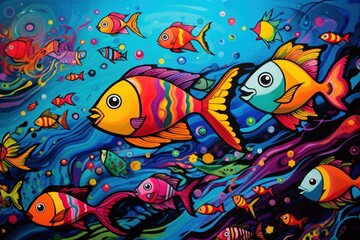  a painting of a group of colorful fish swimming in a body of water with bubbles and bubbles on the water surface.