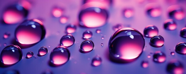 Serum or water drops on purple gradient surface background. Toner or cleanser lotion, hyaluronic...