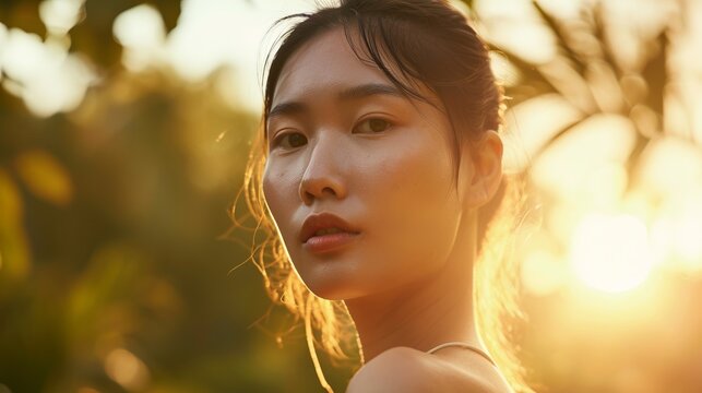 Portrait of a young Asian woman showcasing radiant skincare and natural freckles in sunlight. 20s Serene and fresh-faced Korean model with delicate freckles - natural beauty concept