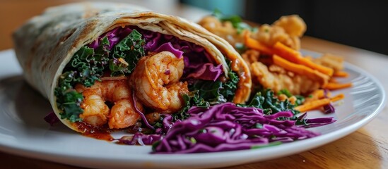 Spicy prawn wrap with kale, red cabbage, sauce, and fried sweet potato.