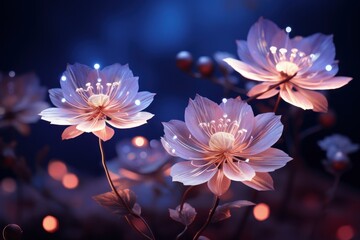  a close up of a bunch of flowers on a dark background with a blurry light coming from the center of the flowers.