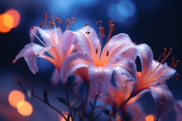  a close up of a bunch of flowers with drops of water on them and blurry lights in the background.