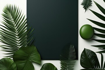  a green frame surrounded by tropical leaves on a white background with a green ball and a green ball on the left side of the frame.