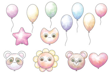 Set of watercolor colored balloons and balloon animals.Vector illustration.