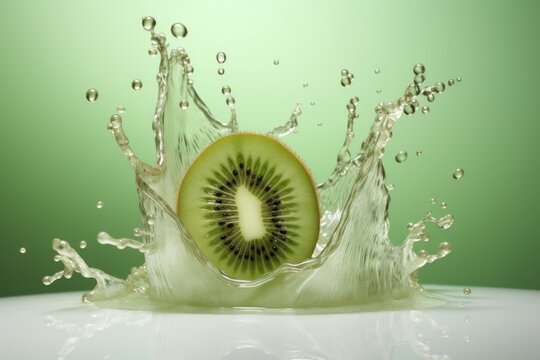  a kiwi cut in half with a splash of water on top of it and a piece of fruit in the middle of the image.