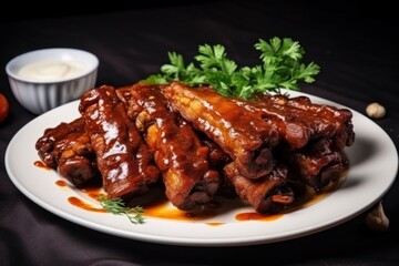  a white plate topped with ribs covered in sauce and garnished with parsley next to a small bowl of ranch dressing.