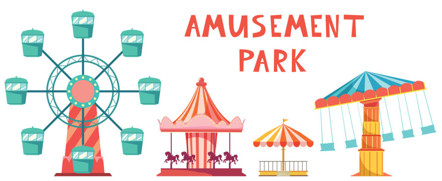 Amusement park scene illustration in vector. Recreation park detailed collection with carrousel in flat design