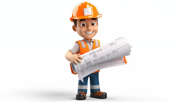 3D cartoon engineer hold blueprint of building in white background