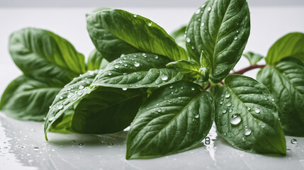 Close up view of fresh Basil (Ocimum basilicum) covered with water droplets placed on white textured surface - obrazy, fototapety, plakaty