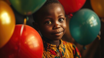  Black history month concept. Cute african boy with red, green and yellow balloons on black background. Panafrican color. - obrazy, fototapety, plakaty