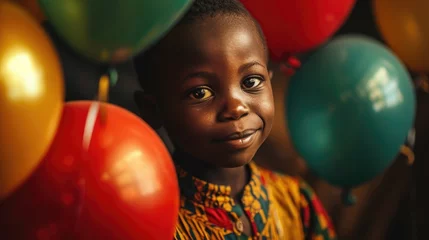 Foto op Canvas  Black history month concept. Cute african boy with red, green and yellow balloons on black background. Panafrican color. © Татьяна Креминская
