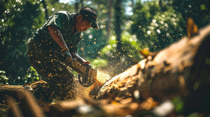man with chainsaw cutting wood