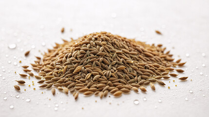 Close up view of fresh Cumin (Cuminum cyminum) covered with water droplets placed on white textured surface