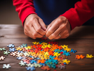 Individual focused on piecing together intricate jigsaw components at a leisurely pace, demonstrating patience and skill.