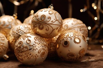  a pile of white and gold ornaments sitting next to a pile of gold and white christmas lights in the background.