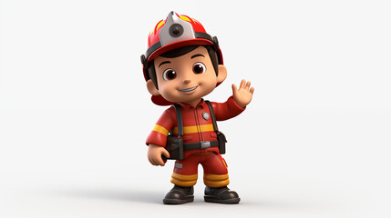 3d cartoon fireman in uniform with white background