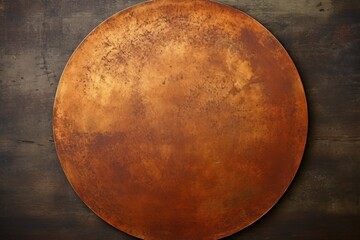  a round metal plate sitting on top of a wooden table with a rusted surface on the outside of it.