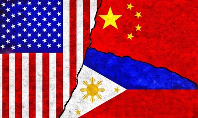 USA, Philippines and China painted flags on a wall with a crack. United States of America, China and Philippines conflict