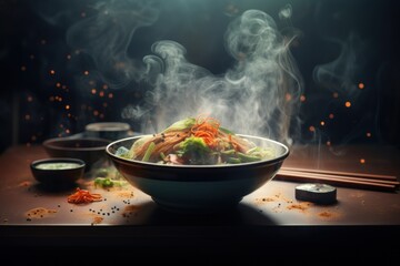  a bowl of food sitting on top of a table next to chopsticks and a bowl of broccoli. - obrazy, fototapety, plakaty