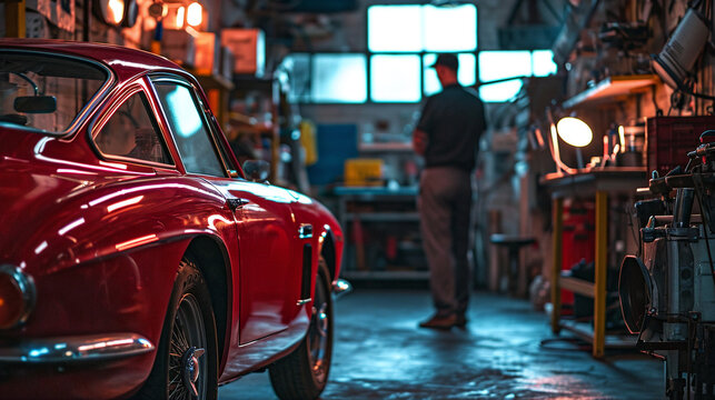 Man Working On The Garage With His Car