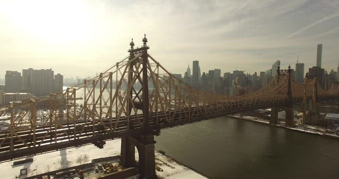 NYC Drone static shot of Queensbridge towards Manhattan skyline