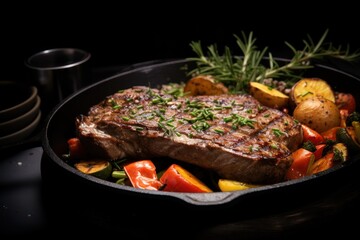 a close up of a steak in a skillet on a table with potatoes and carrots and a sprig of rosemary.