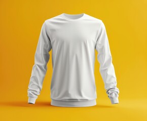 White long sleeve t-shirt isolated on a yellow background. Mockup blank sportswear front view.