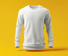 White long sleeve t-shirt isolated on a yellow background. Mockup blank sportswear front view.