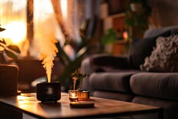 A cloud of steam over the automatic aroma oil diffuser. Electric aroma lamp on the table in the room.