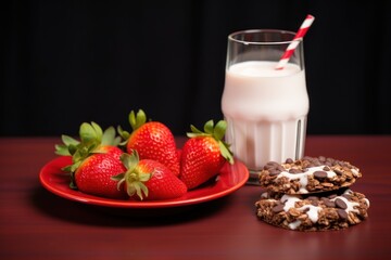  a plate of strawberries next to a glass of milk and a plate of cookies with strawberries on it.