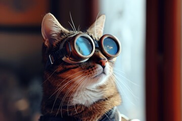 A cat in round cyberpunk glasses with a reflection of the universe and starry sky.