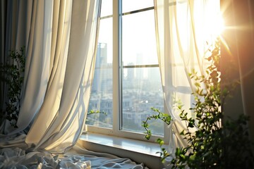 Translucent white curtains sway in the sunlight on the sill of a luxurious window overlooking the morning city. - Powered by Adobe