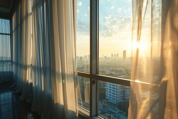 Fototapeta premium Beautiful view from the window of the city through white translucent curtains at sunset.