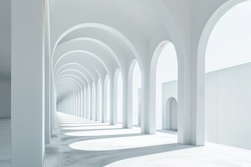 Minimalistic white building with round arches. Surreal architecture.